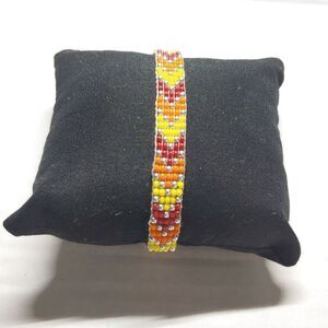 Loom Beaded Bracelet Red, Orange, Yellow and Silve